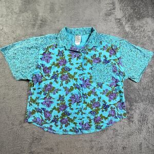 Vintage 90s USA Womens Button Shirt 20W Compartments Floral Cotton Turquoise
